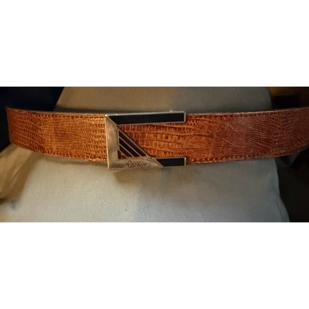 Vintage Pierre Cardin Brown Reptile Skin Belt Enamel Buckle 46.5 in